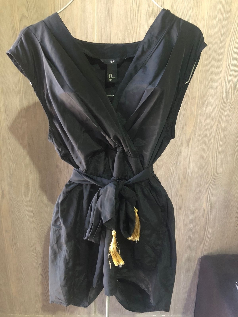 H&M Black Mini Wrap Dress with Gold Tassel Accents
